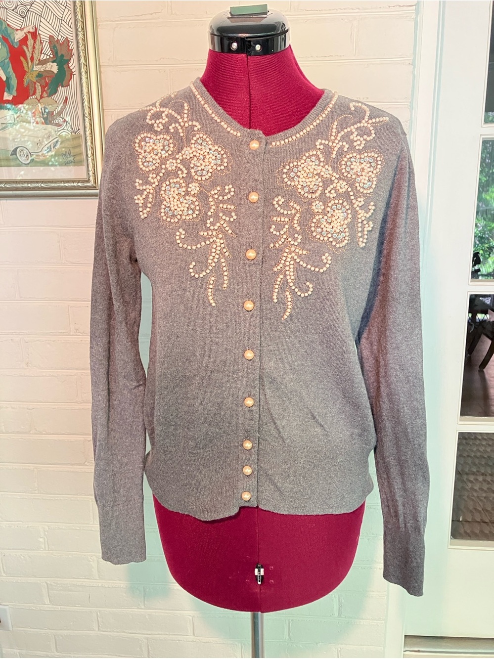 Anthropologie Field & Flower Pearl Beaded Gray Cardigan Sweater Small